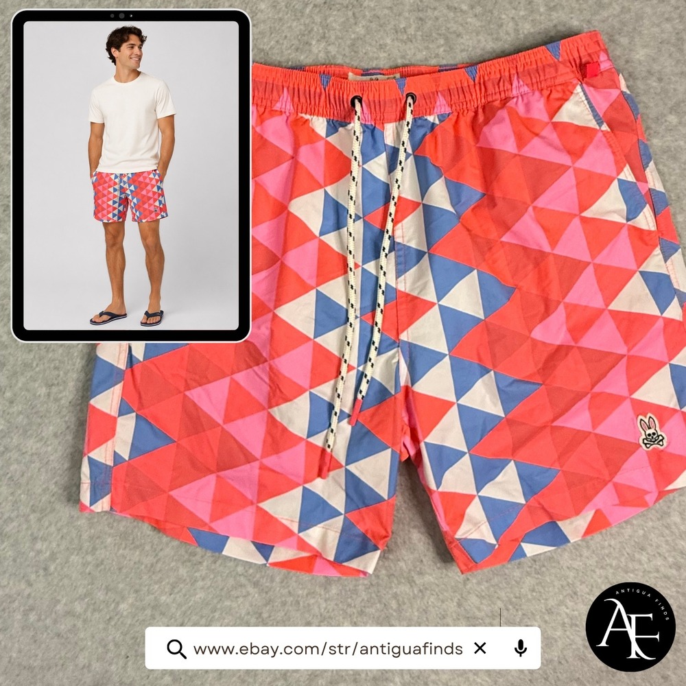 Psycho Bunny Mens Geometric Triangle Swim Trunks Pink Blue‎ Size Large